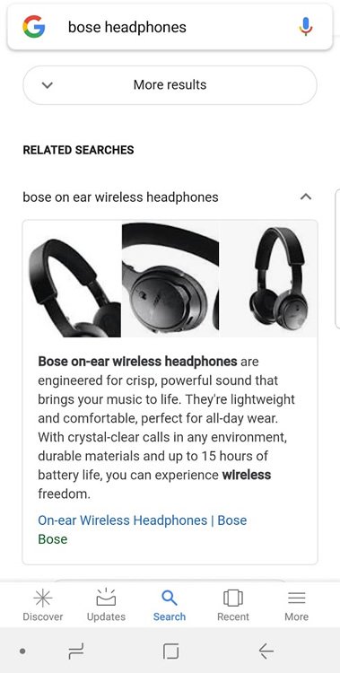 Google: ähnliche Suchanfragen mit Thumbnail: Auswählen eines Suchergebnisses öffnet eine Art Featured Snippet