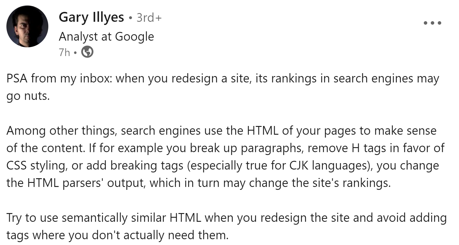 Gary Illyes auf LinkedIn: Änderungen am Design einer Website können starke Auswirkungen auf die Rankings haben