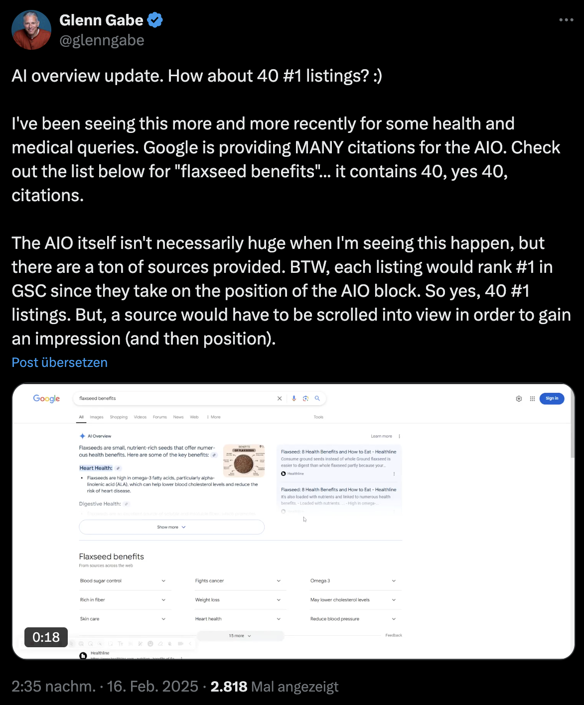 Google AI Overviews - mehr als 40 Quellen - Glenn Gabe auf Twitter