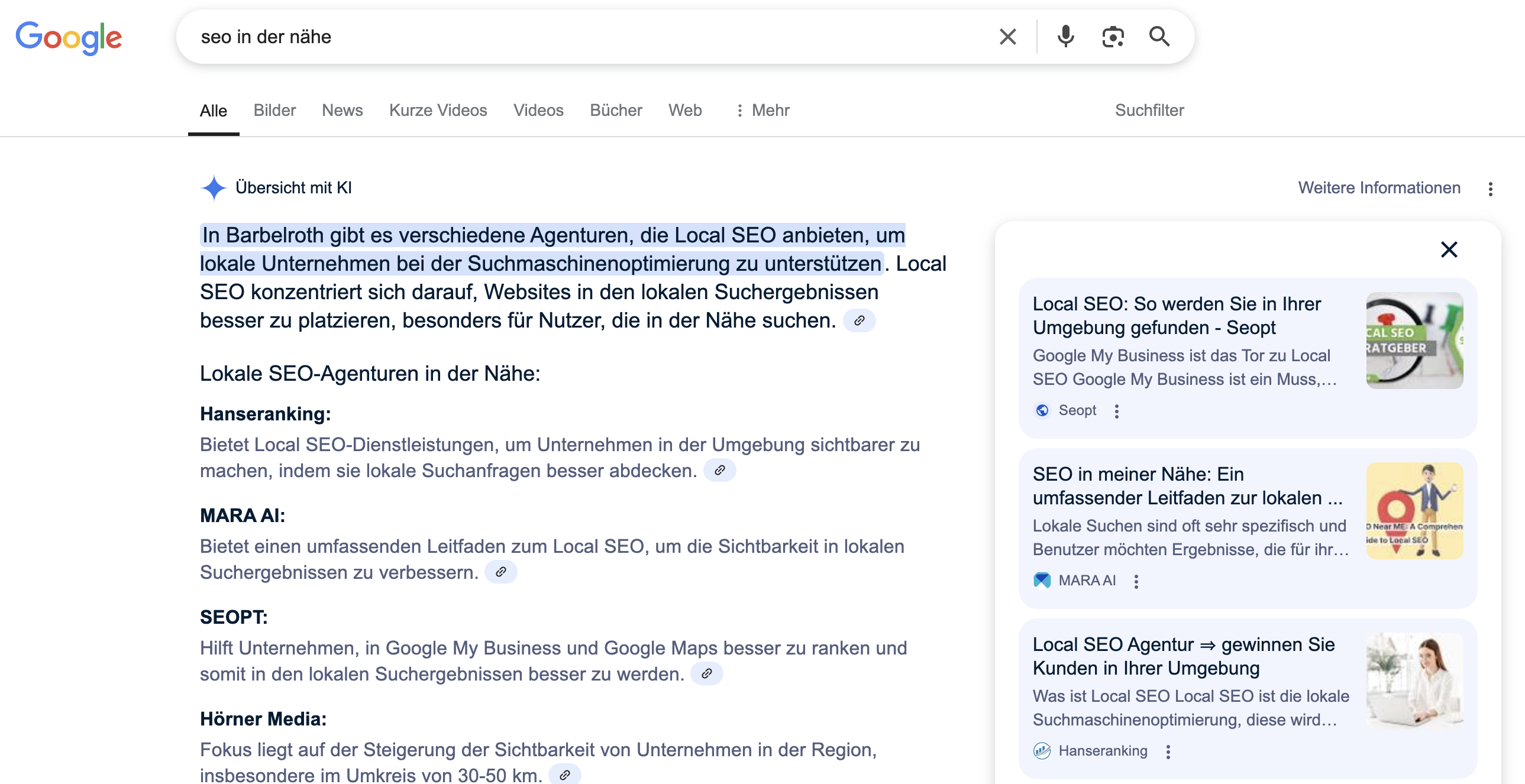 Google AI Overview für eine lokale Suchanfrage nach 'SEO in der Nähe'