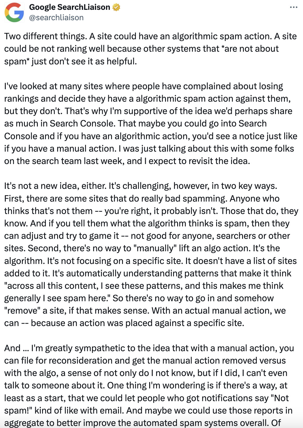Google Search Console könnte bald algorithmische Maßnahmen gegen Spam anzeigen: Danny Sullivan auf Twitter