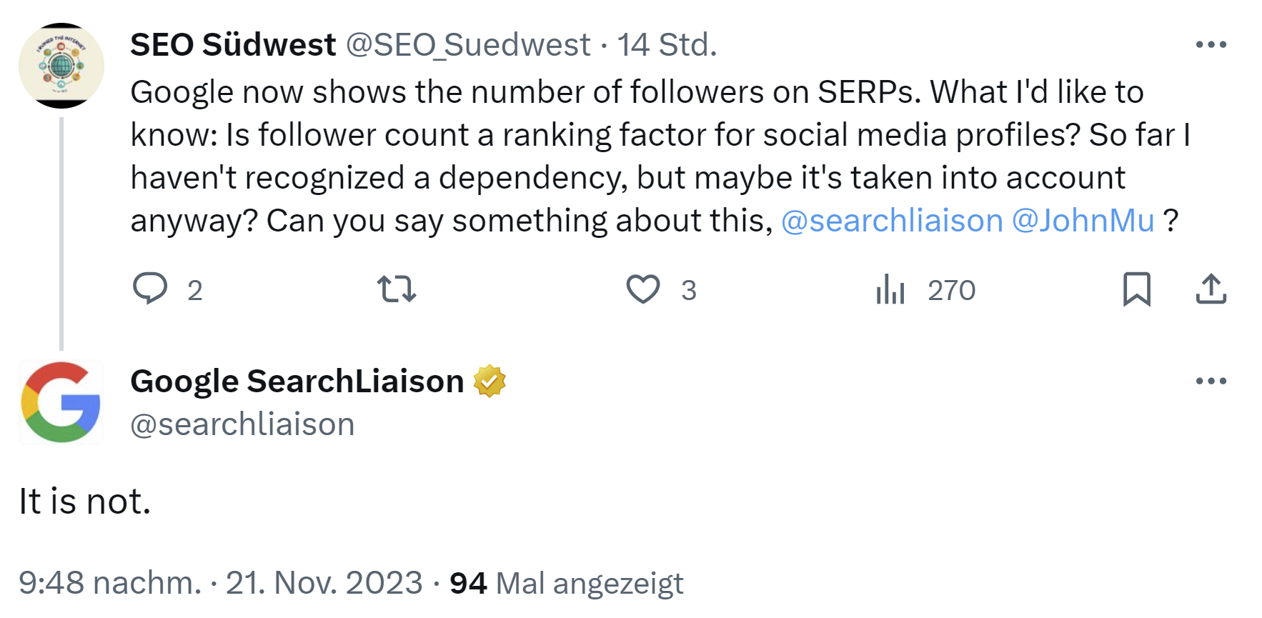 Google: Anzahl der Follower ist kein Rankingfaktor für Social-Media-Profille