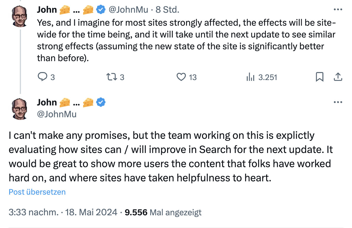 Google arbeitet daran, dass hilfreiche Inhalte mit dem nächsten Core Update nach vorne kommen - John Müller auf Twitter