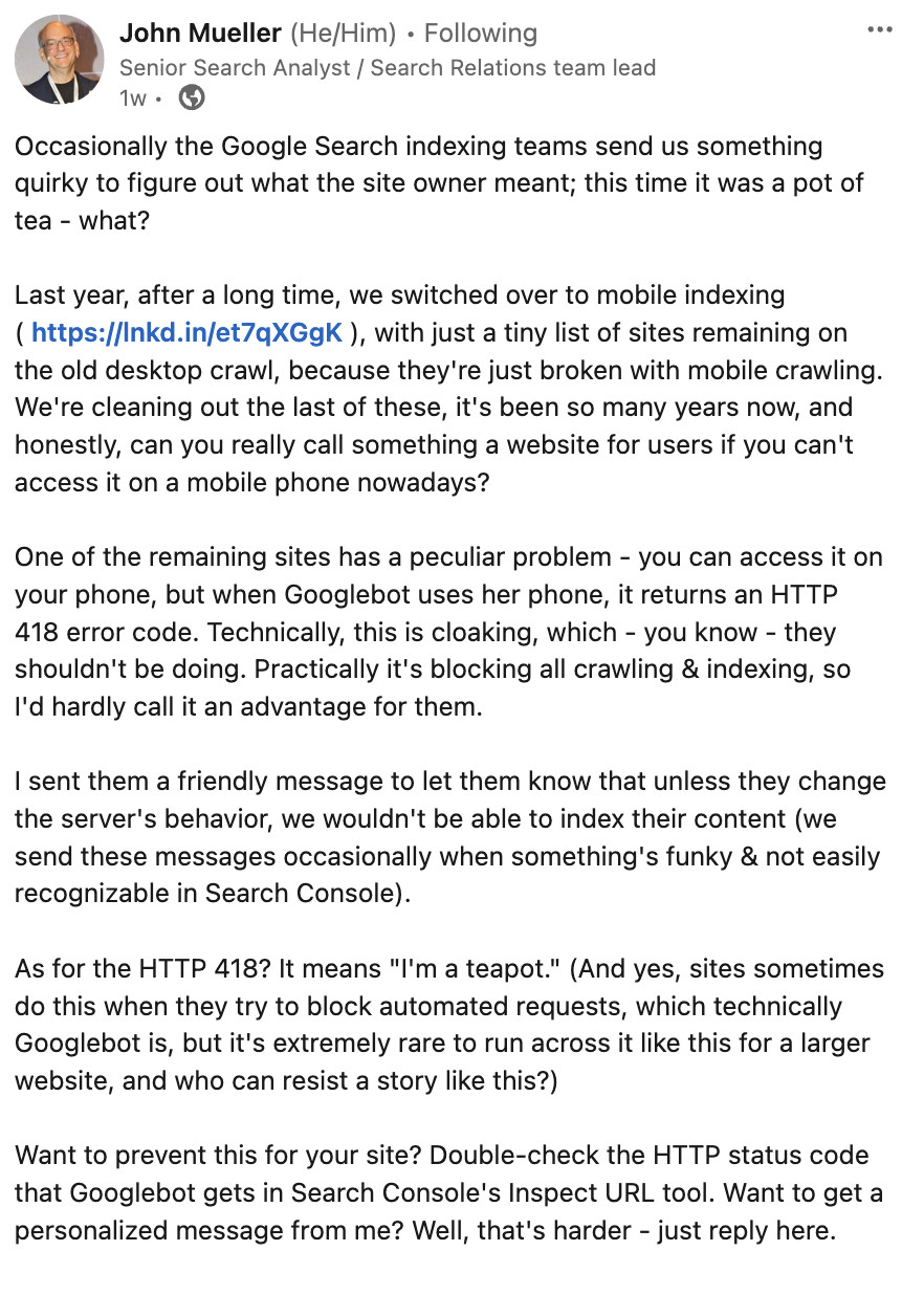 John Müller auf LinkedIn: 'Auf den richtigen HTTP-Status für den Googlebot achten'