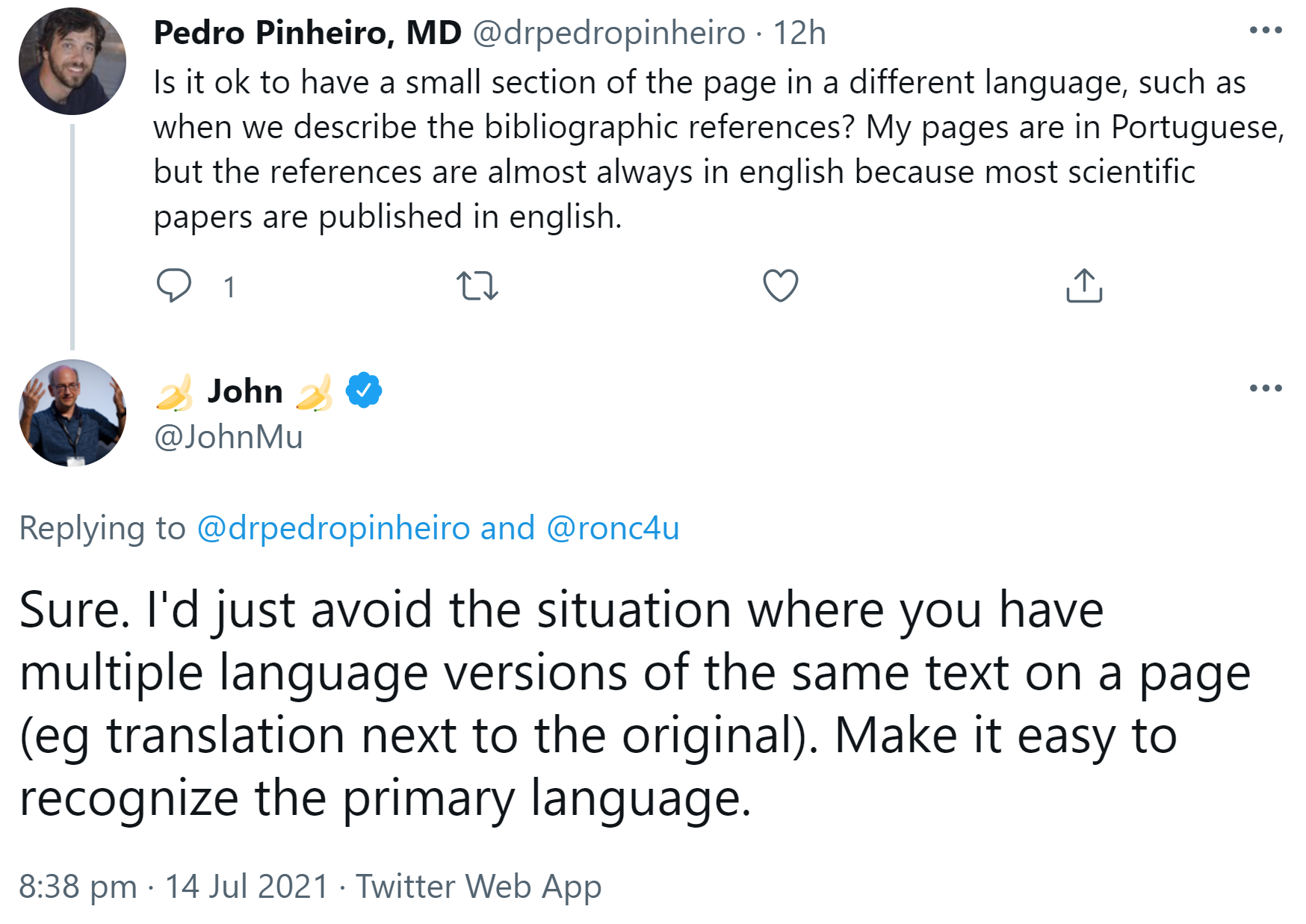 Google: Den gleichen Text auf einer Seite nicht in unterschiedlichen Sprachen anbieten