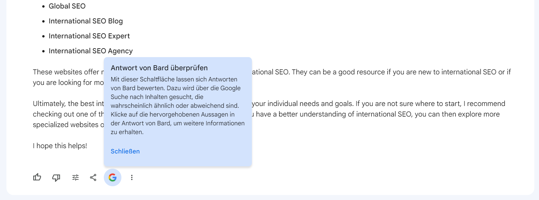 Google Bard: Möglichkeit zum Überprüfen einer Antwort in der Suche