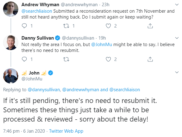 Google bedauert, dass die Bearbeitung mancher Reconsideration Requests lange dauert