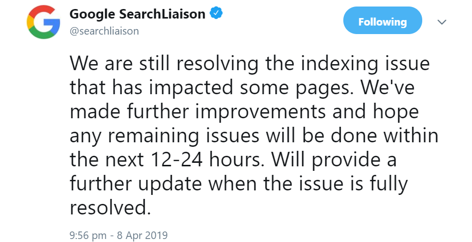 Google: Lösung für deindexierte Seiten kann noch 12 bis 24 Stunden dauern