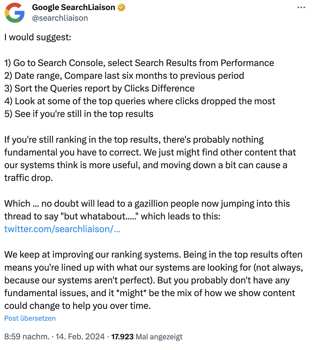 Google: Bei Traffic-Verlust aus der Suche auf die Rankings schauen. Wenn immer noch Top-Rankings erzielt werden, wahrscheinlich kein dringender Handlungsbedarf