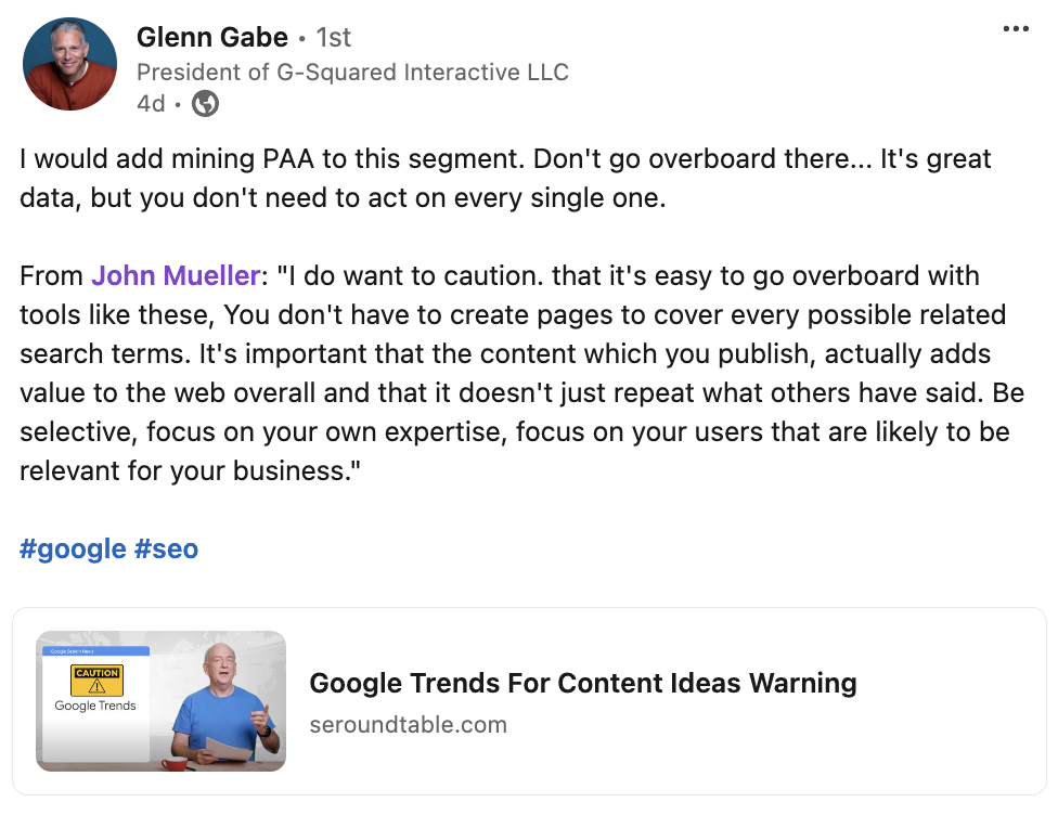 Bei Verwendung von 'weiteren Fragen' als Content-Quelle nicht übertreiben