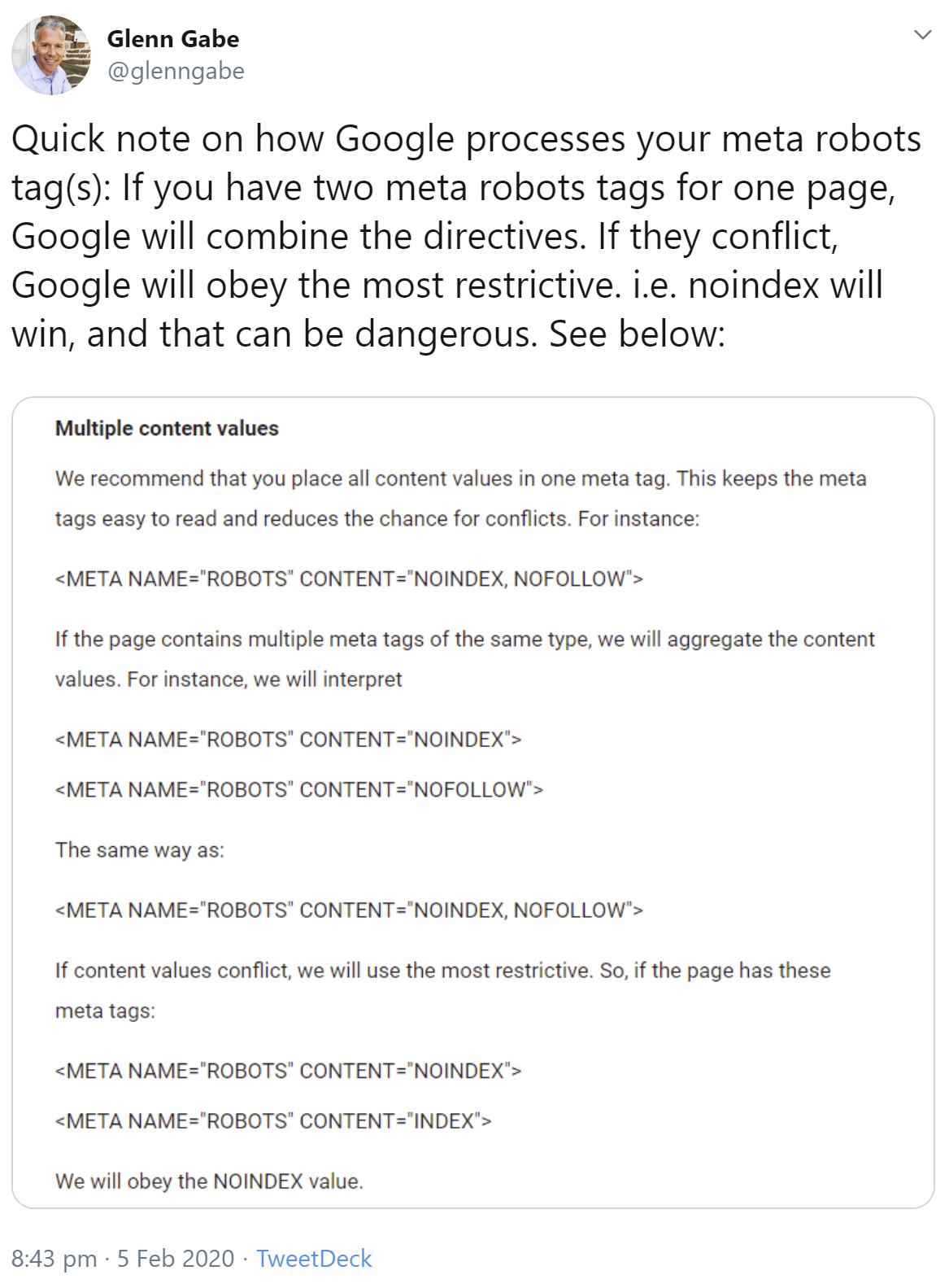 Wenn es auf einer Webseite zwei einander widersprechende Meta-Tags gibt, so wählt Google die restriktivere