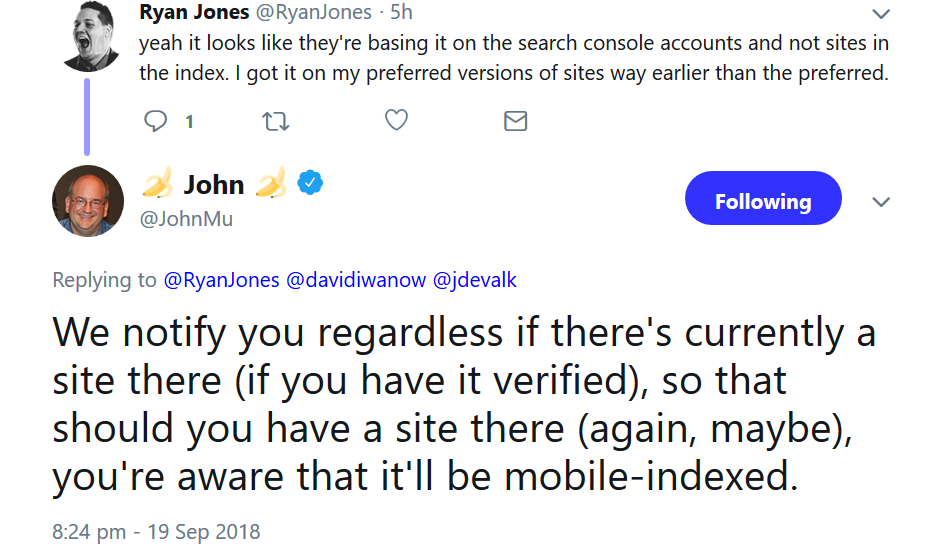 Google benachrichtigt auch dann über Umstellung auf Mobile First, wenn gar keine Webseite vorhanden ist