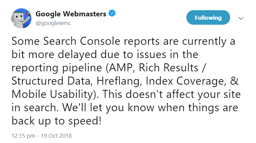 Manche Berichte in der Google Search Console aktuell verzögert