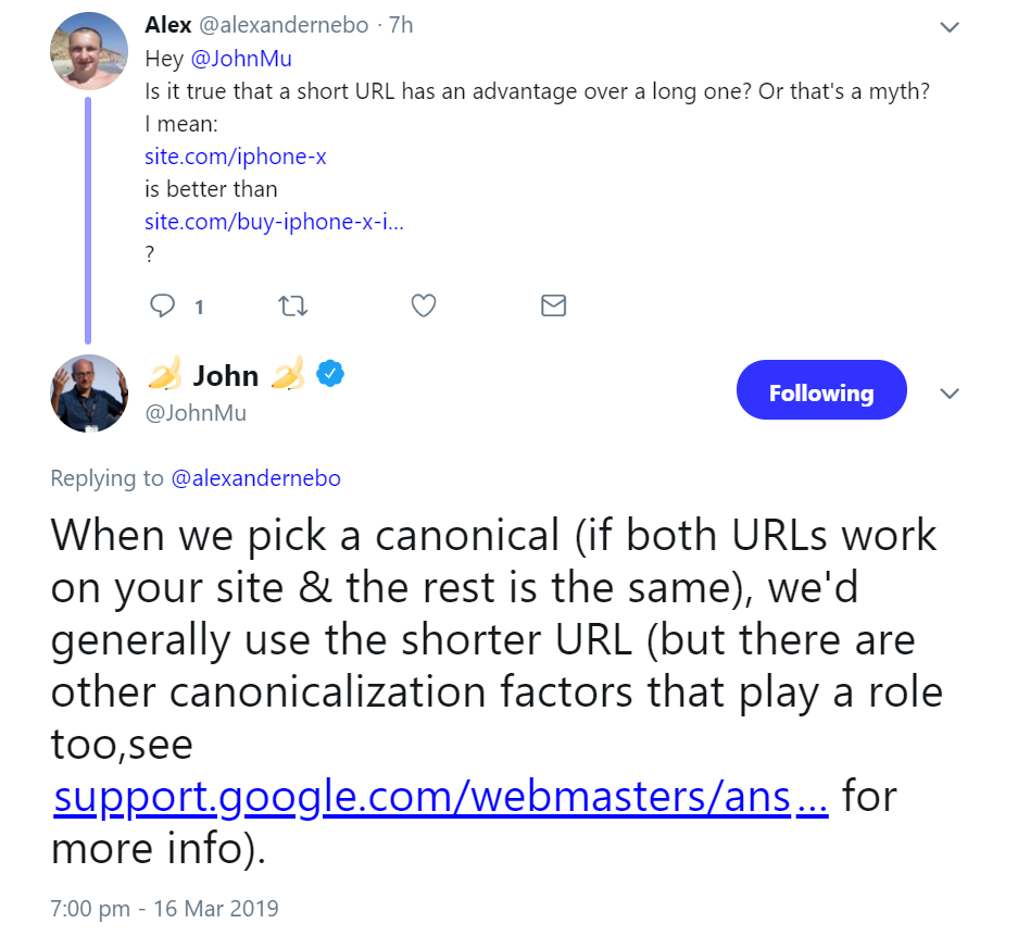 Google bevorzugt kürzere URLs als Canonical