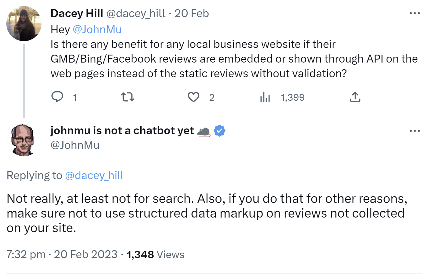 Google: Bewertungen von anderen Websites auf der eigenen Website helfen den Rankings nicht