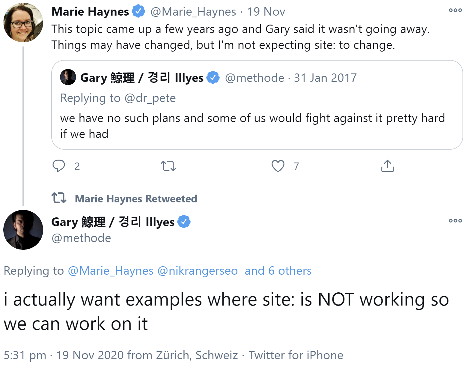 Google bittet um Beispiele von Fällen, in denen der Site-Operator nicht funktioniert