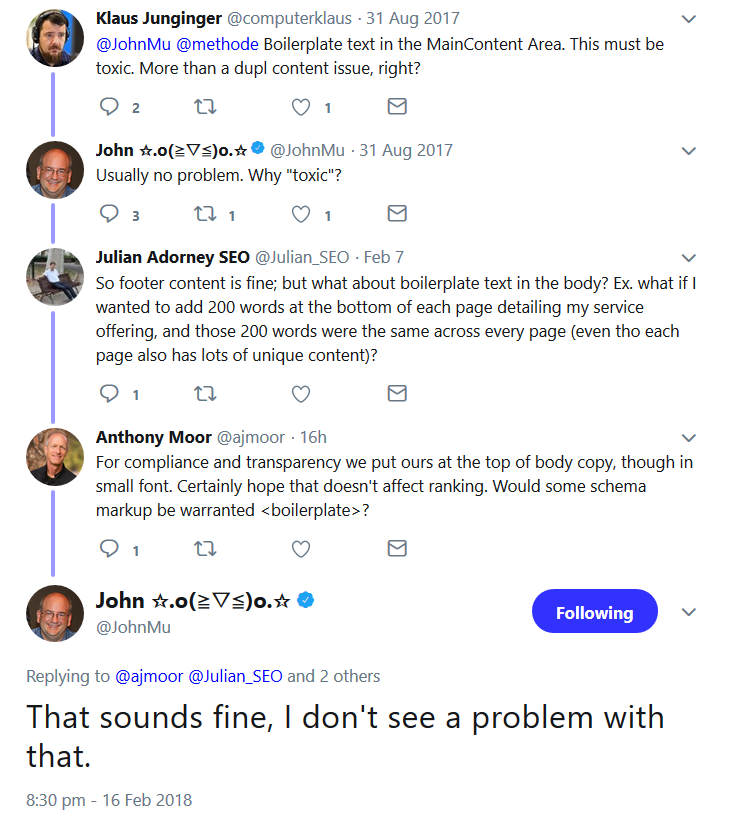 Google: Boilerplate-Texte in der Regel kein Problem