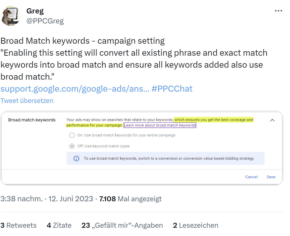Google: Kampagneneinstellung für weitgehend passende Keywords