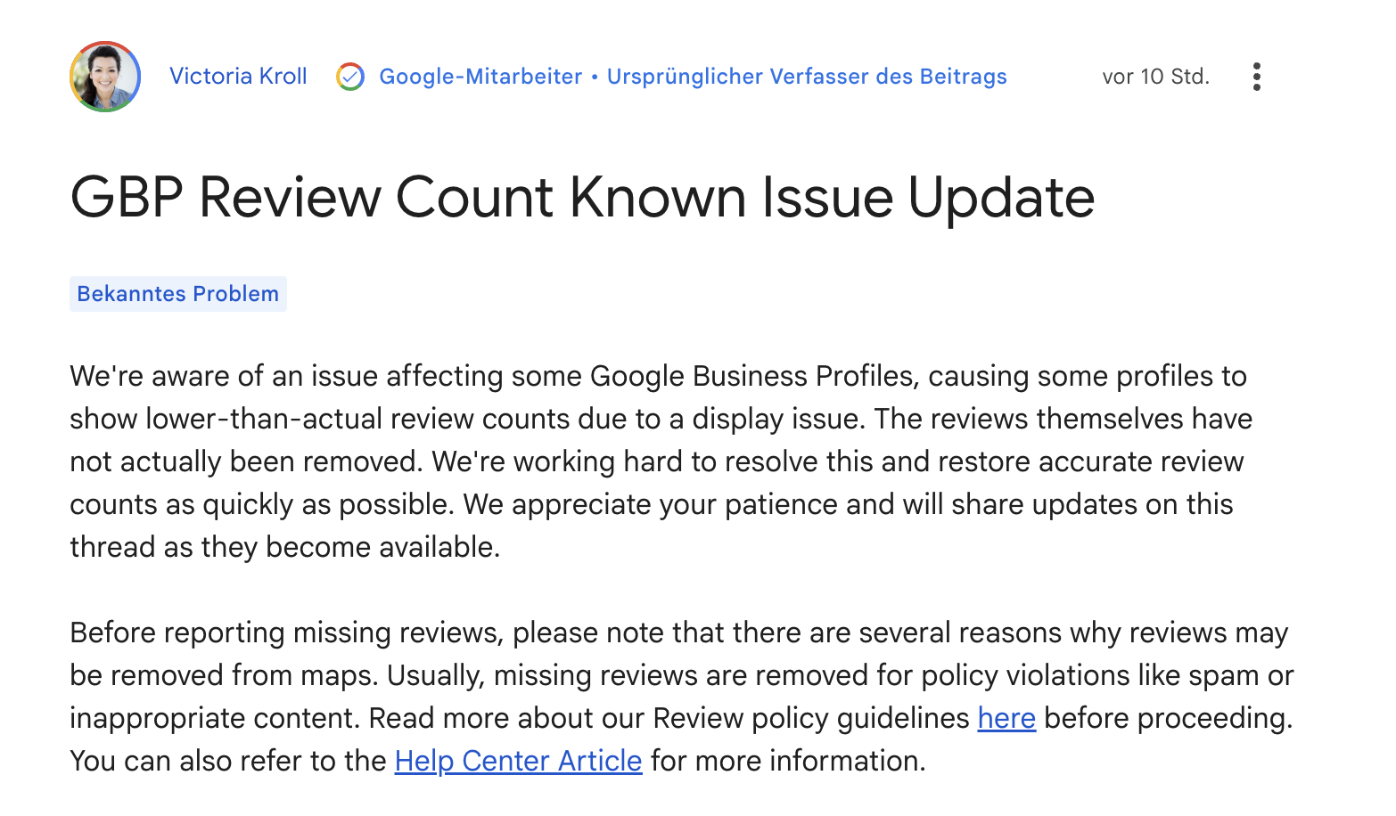 Google Business Profile: Problem führt zur Anzeige von zu wenigen Reviews