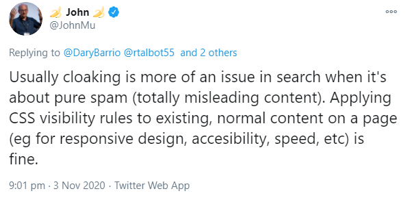 Google: Anwendung von CSS-Regeln für die Sichtbarkeit auf normale Inhalte kein Problem