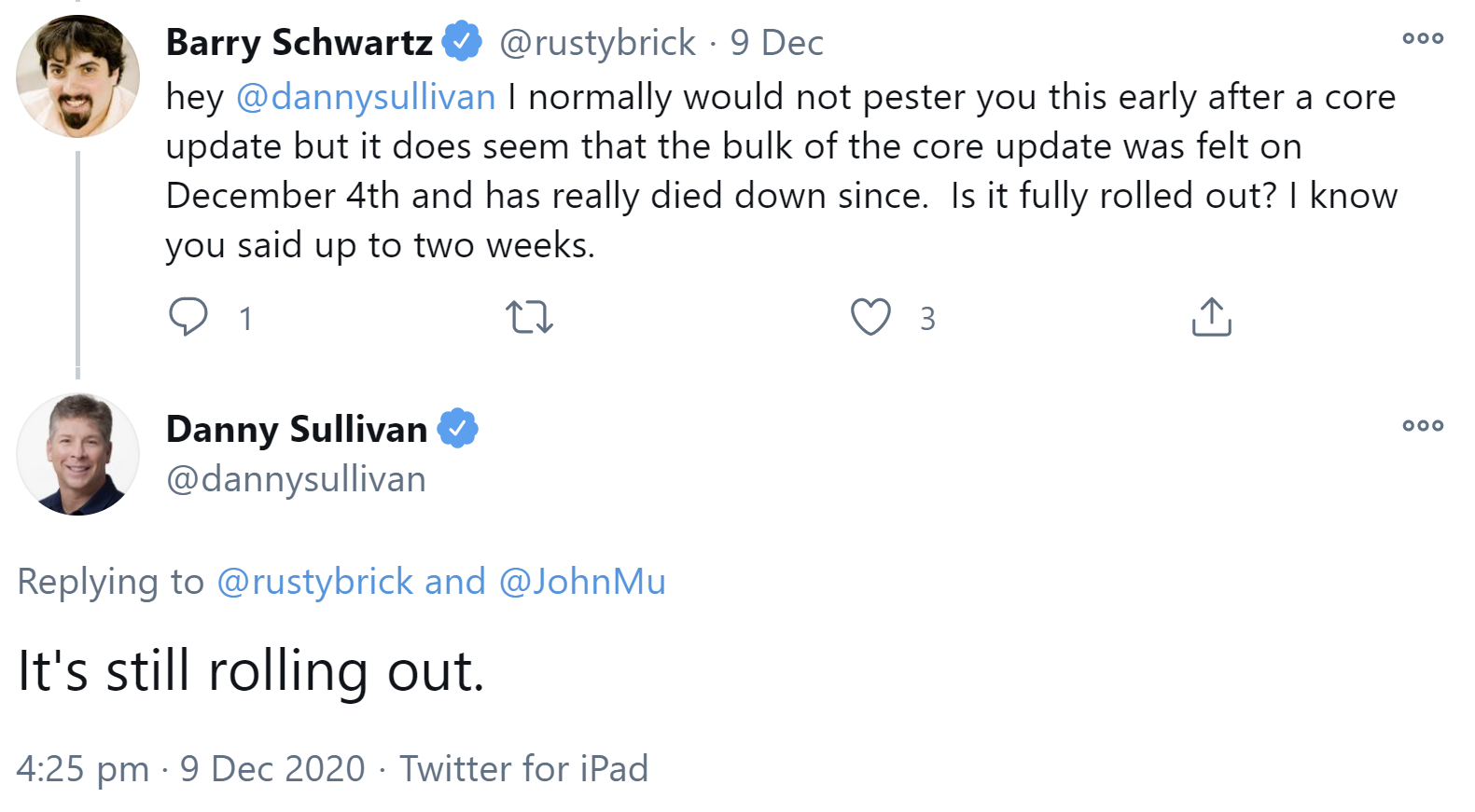 Danny Sullivan: 'Google Core-Update vom Dezember läuft noch.'
