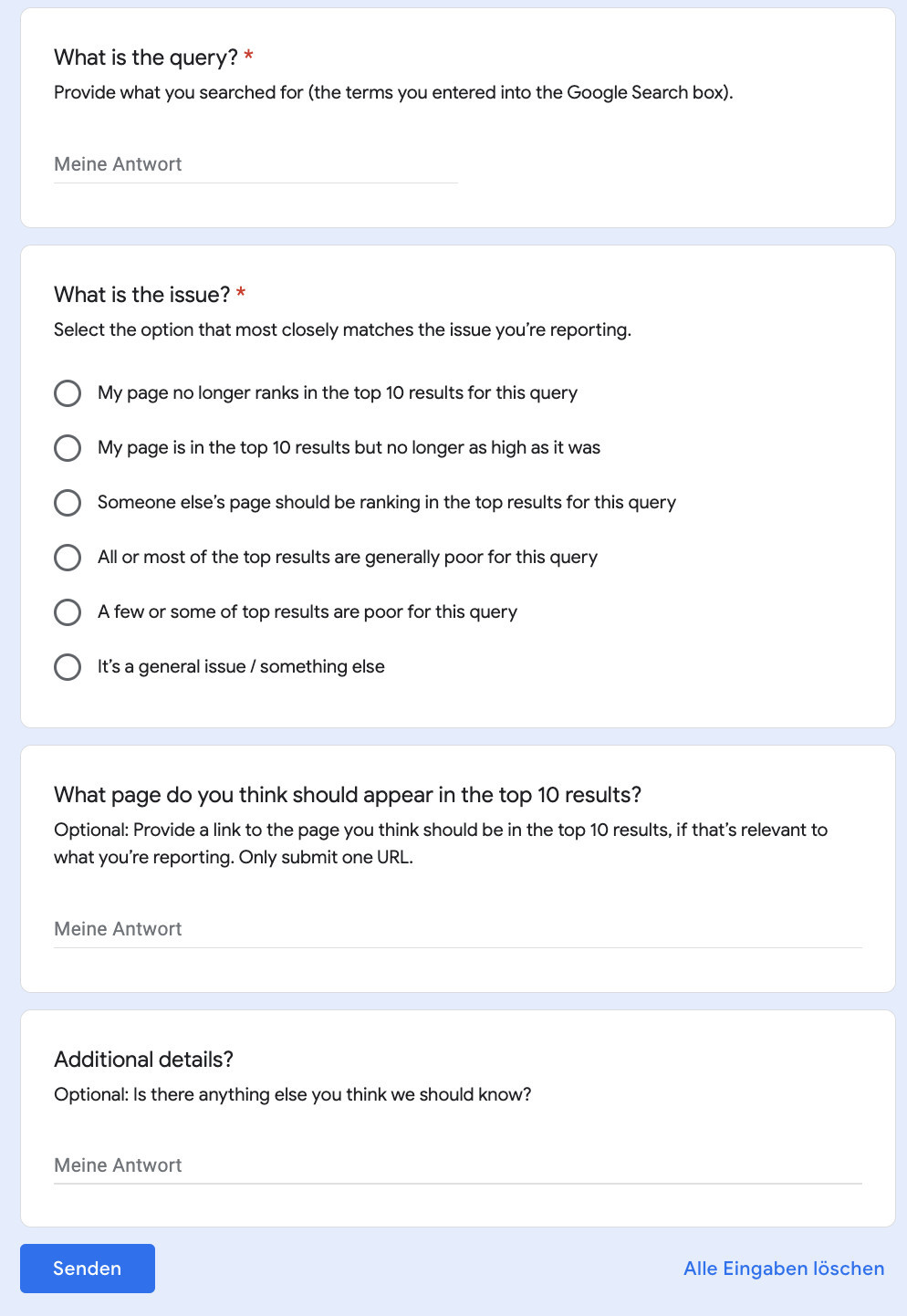 Feedback-Firmular zum Google Core Update