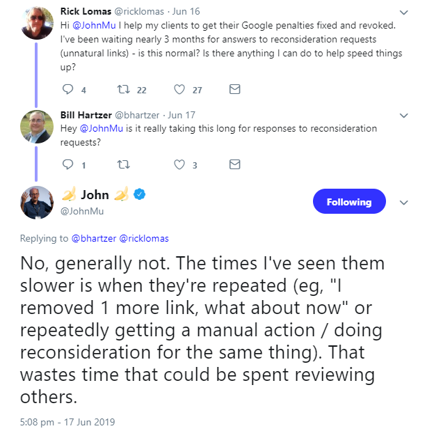 Google: Das Bearbeiten eines Reconsideration Requests dauert normalerweise keine drei Monate