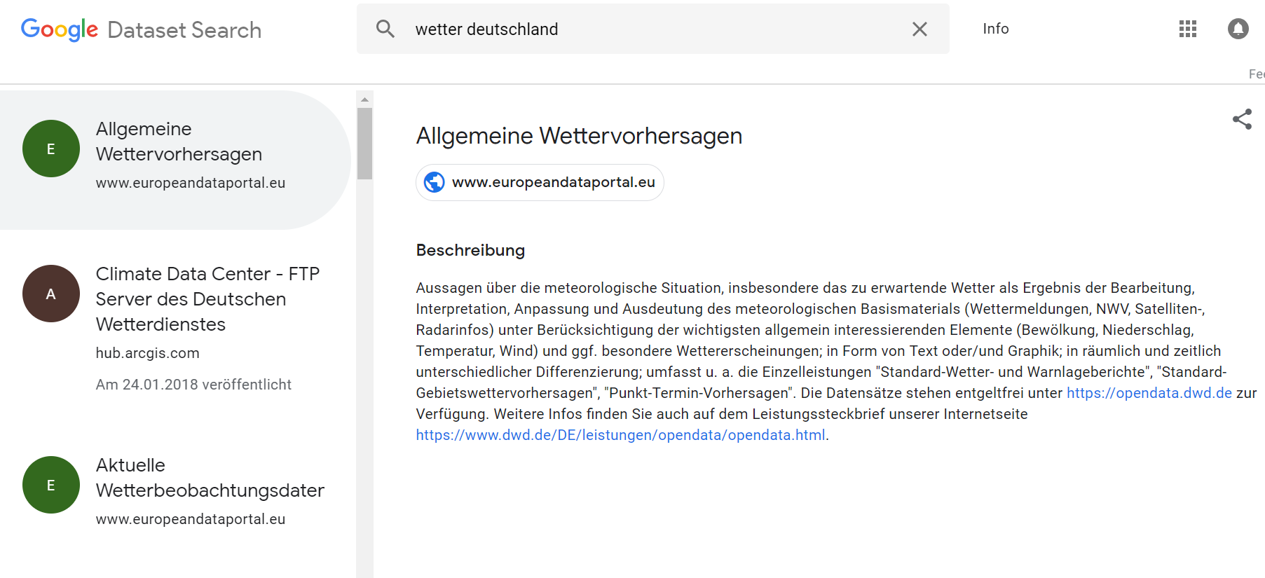Google Dataset Search: Ergebnis