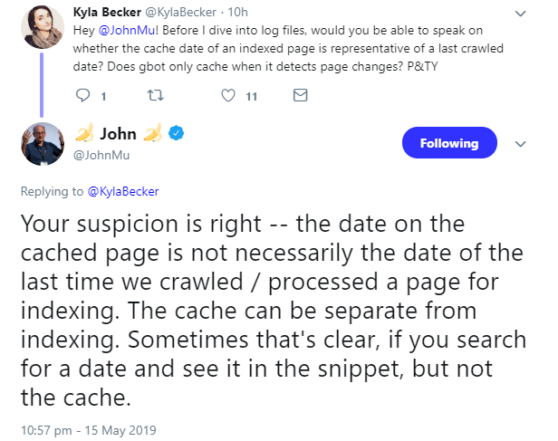 Google: das Datum der gecachten Version kann vom Datum des letzten Crawlens einer Seite abweichen