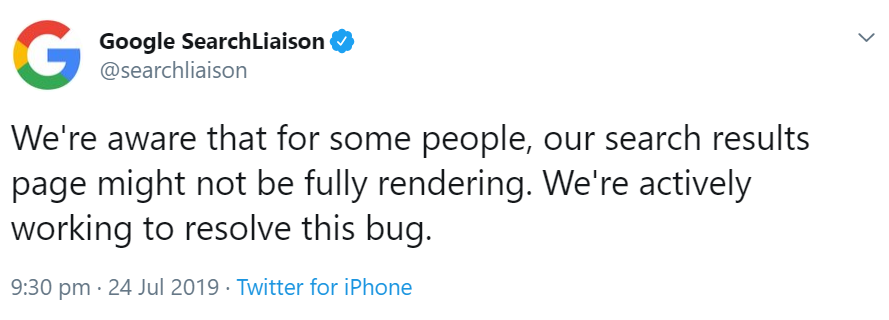 Google: aktuell Probleme mit dem Rendern von Suchergebnissen