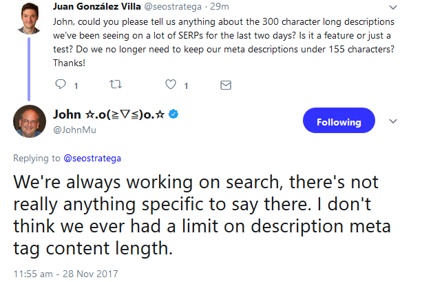 Google: Descriptions mit 300 Zeichen gesichtet