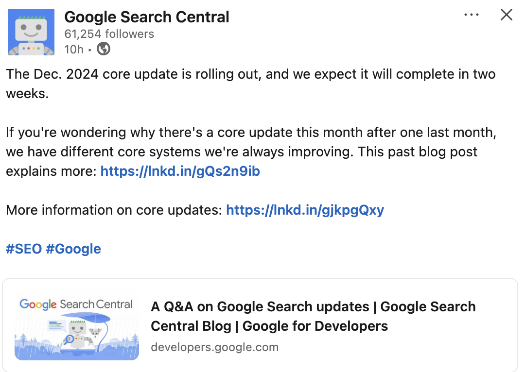 Google rollt das December 2024 Core Update aus
