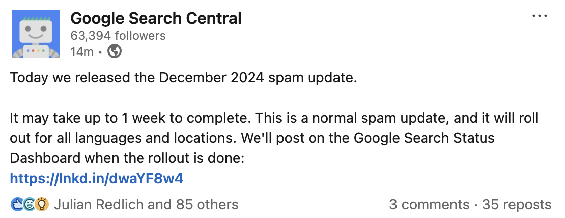 Google rollt das Dezember 2024 Spam Update aus