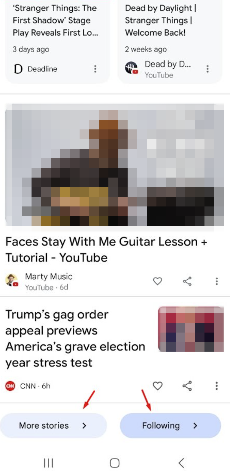 Google Discover: Auswahl zwischen weiteren Stories und zusätzlichen Beiträgen zum Thema, denen man folgt
