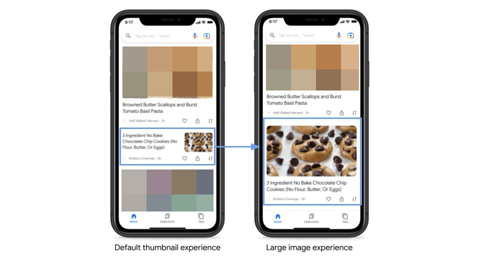 Google Discover: kleines Thumbnail und großes Bild im Feed
