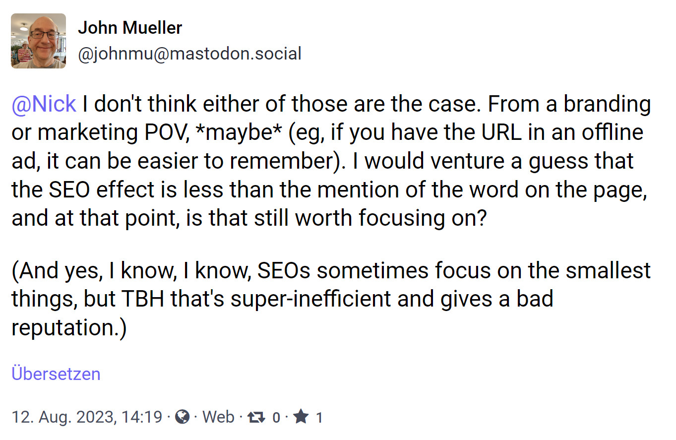Google: Effekt von Worten in einer Domain ist geringer als das Verwenden eines Wortes auf einer Seite