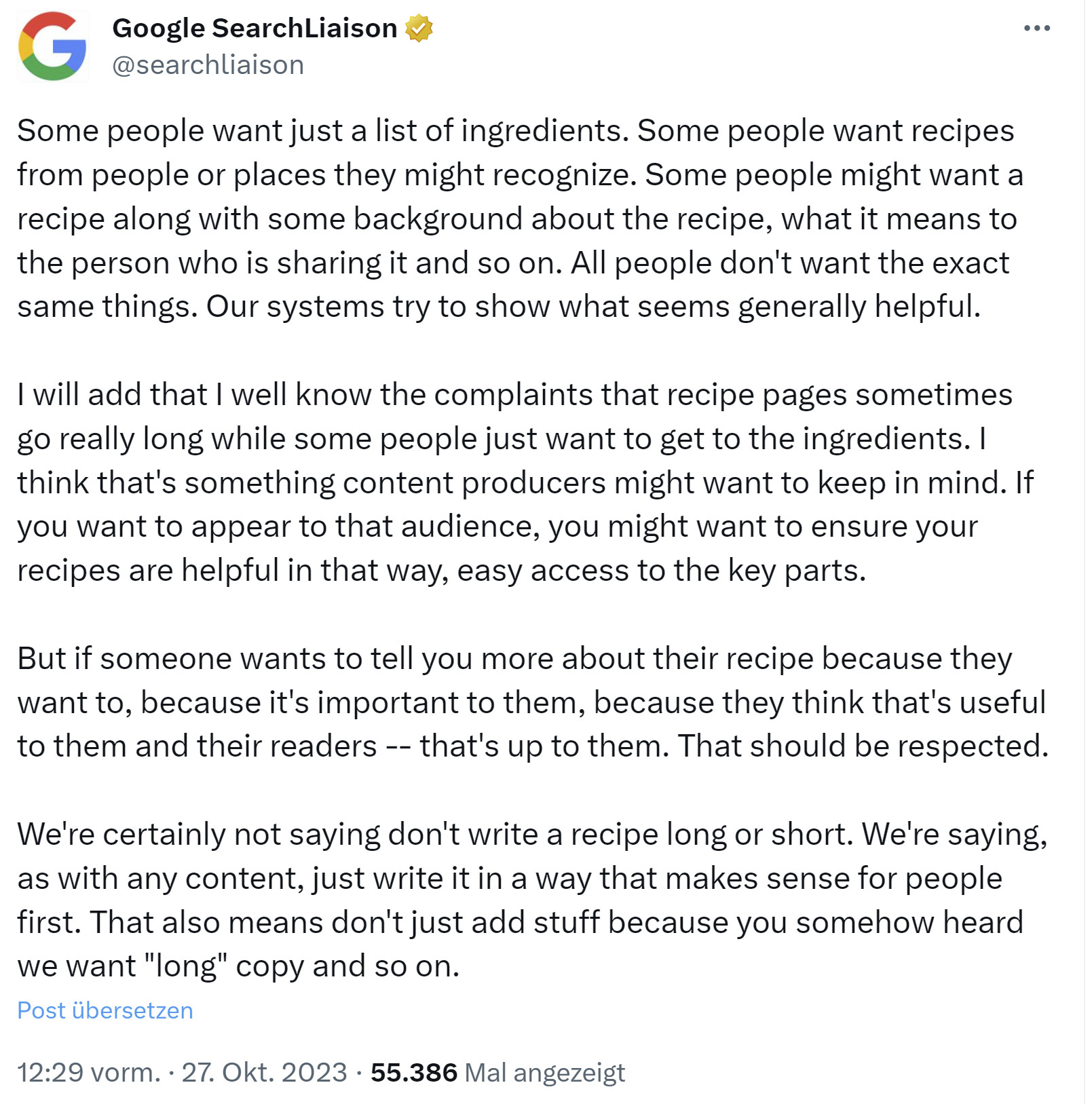 Google Empfehlung zu Rezeptseiten: lang oder kurz?