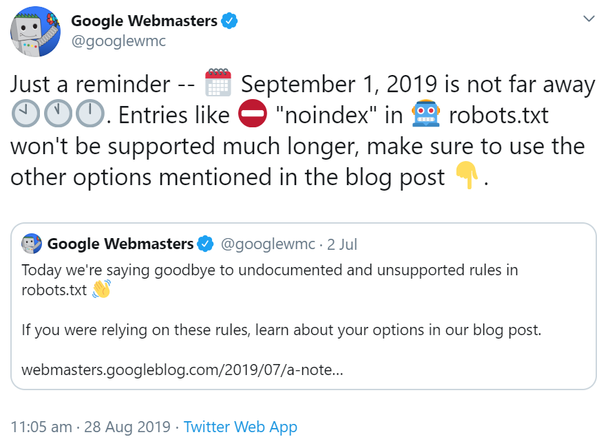 Google: Erinnerung, dass ab dem 1. September noindex in der robots.txt nicht mehr unterstützt wird
