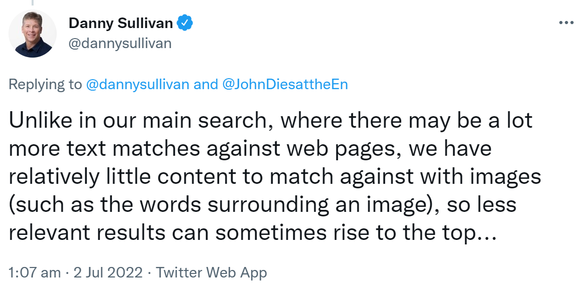 Danny Sullivan von Google erklärt, warum in der Bildersuche manchmal auch weniger relevante Ergebnisse erscheinen