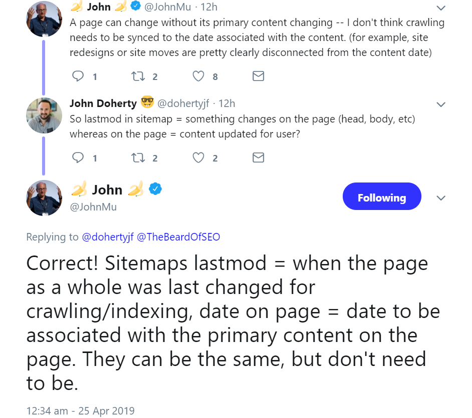 Google erklärt den Unterschied zwischen lastmod in der SItemap und dateModified auf einer Webseite