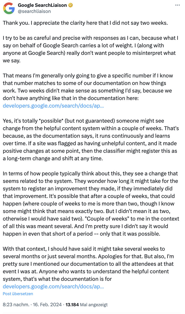 Google: Es dauert mehrere Wochen bis Monate, bis das Google Helpful Content System Verbesserungen berücksichtigt