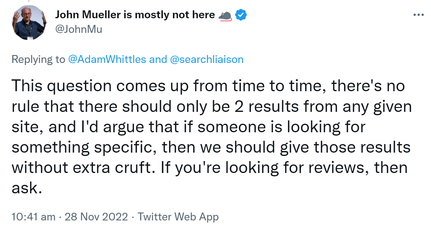 Google: Es gibt keine Regel, dass eine Website nur maximal zweimal pro Suchergebnisseite erscheinen darf