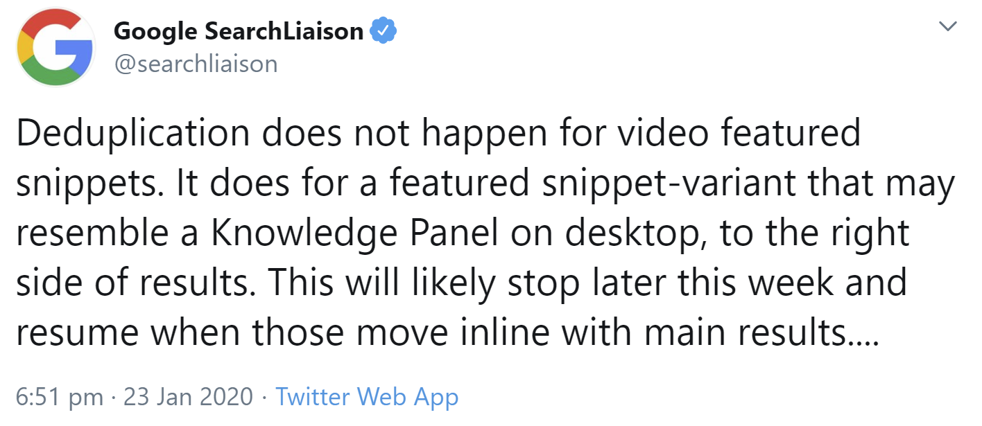 Google: Änderung bei Featured Snippets betrifft keine Video-Snippets und auch nicht die Snippets am rechten Rand