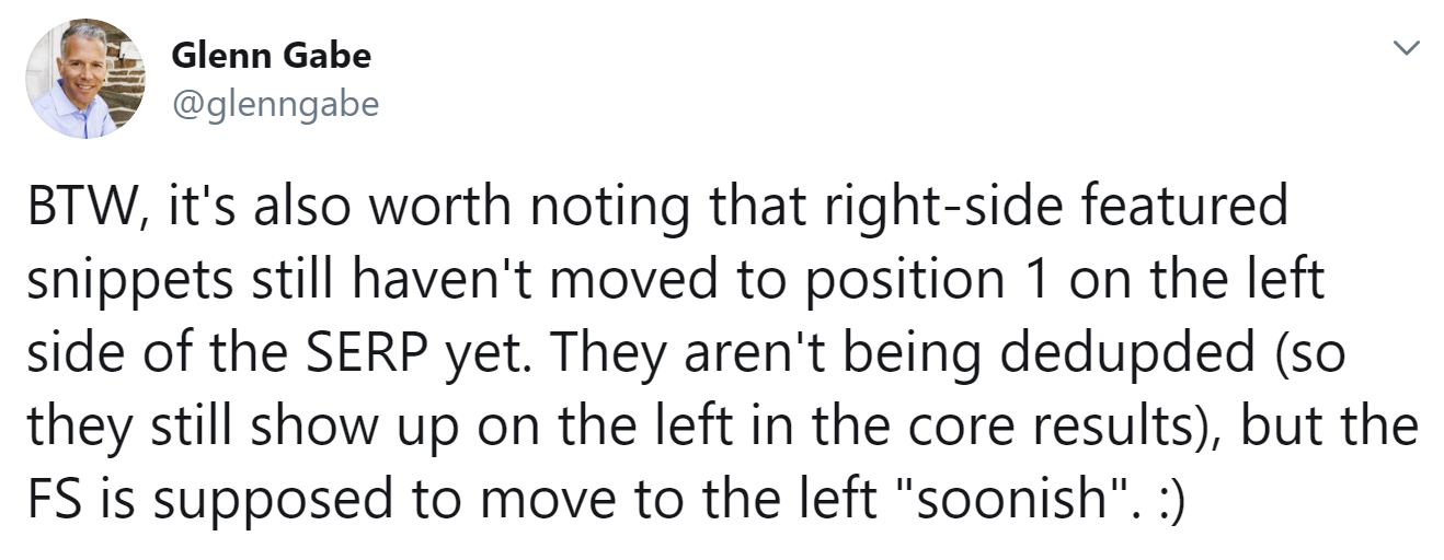 Google: Featured Snippets aus rechter Spalte offensichtlich noch nicht umgezogen