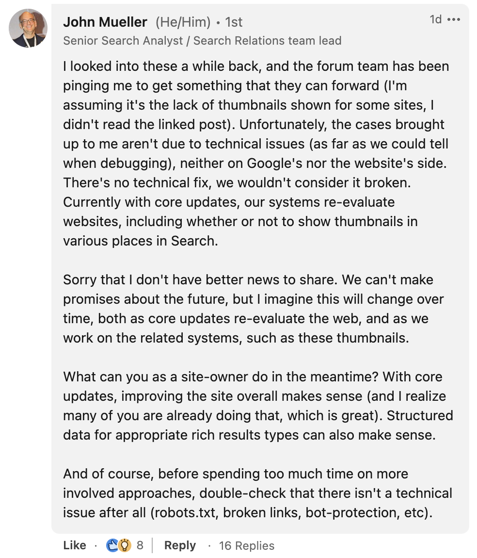 Google: Fehlende Image Thumbnails haben meist keine technischen Ursachen - John Müller auf LinkedIn
