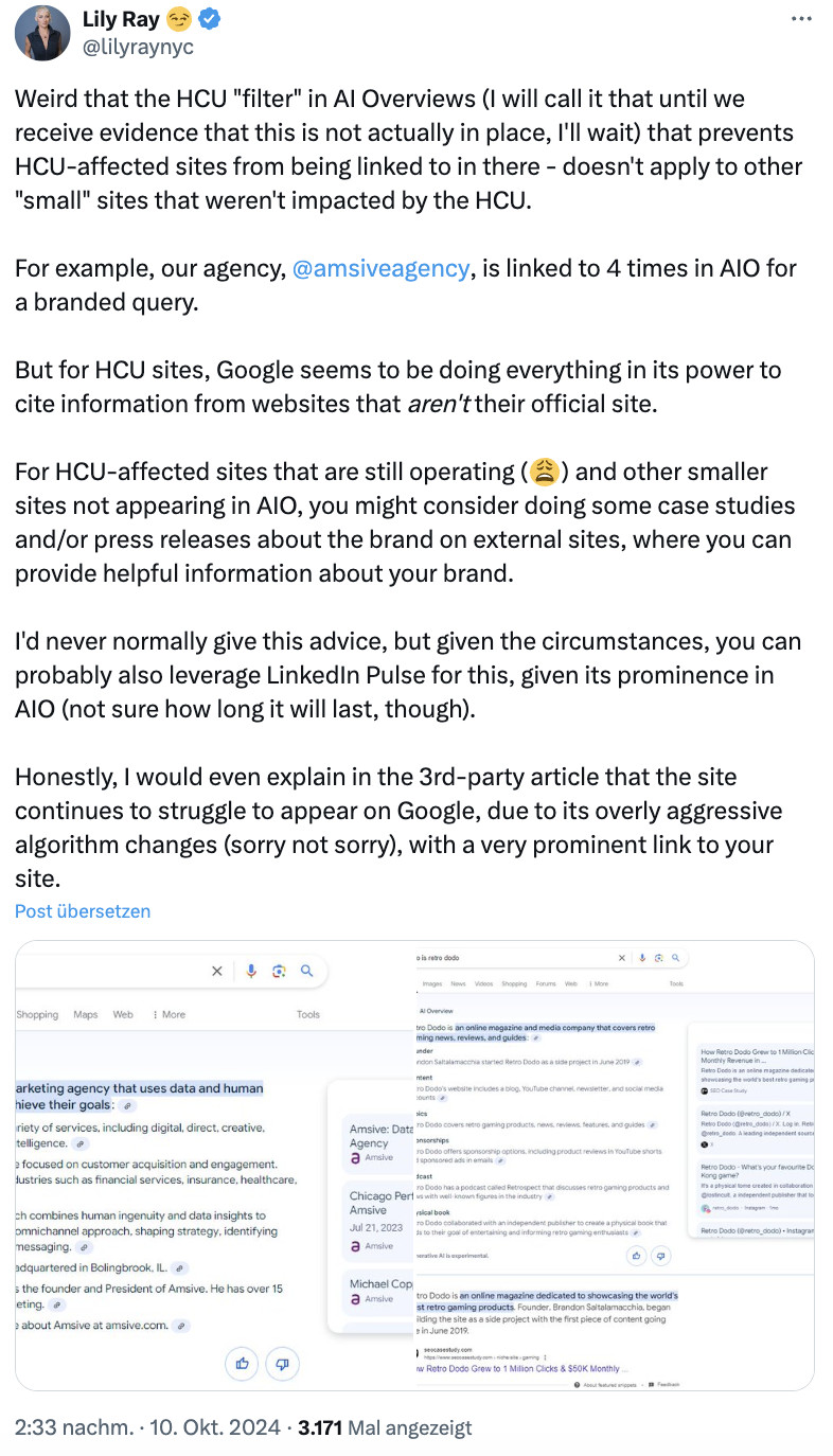 Google filtert Websites aus den AI Overviews heraus, die vom HCU betroffen sind - Lily Ray auf Twitter