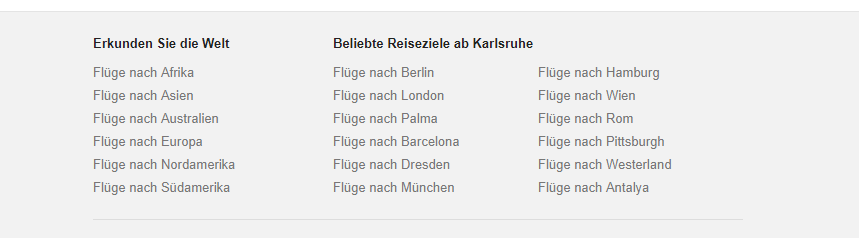 Google Flüge mit Footer-Links (Aufruf mit Googlebot User Agent)