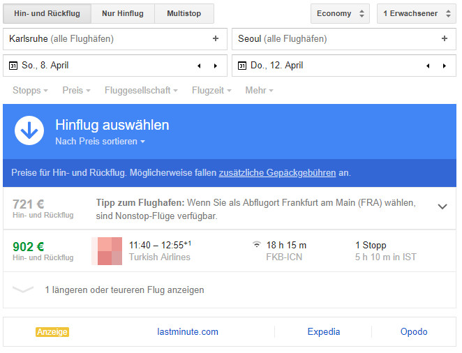 Google Flüge: Auswahlseite für bestimmte Verbindung