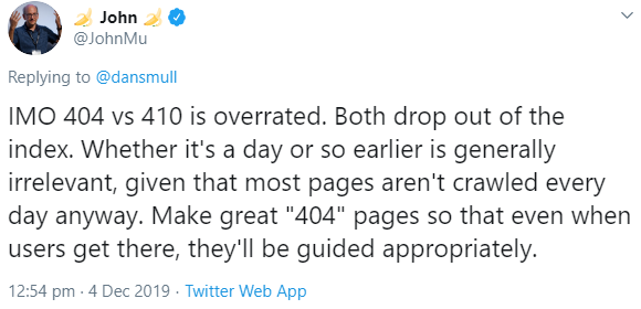 Google: Die Frage, ob man den Status 404 oder 410 senden sollte, wird überbewertet