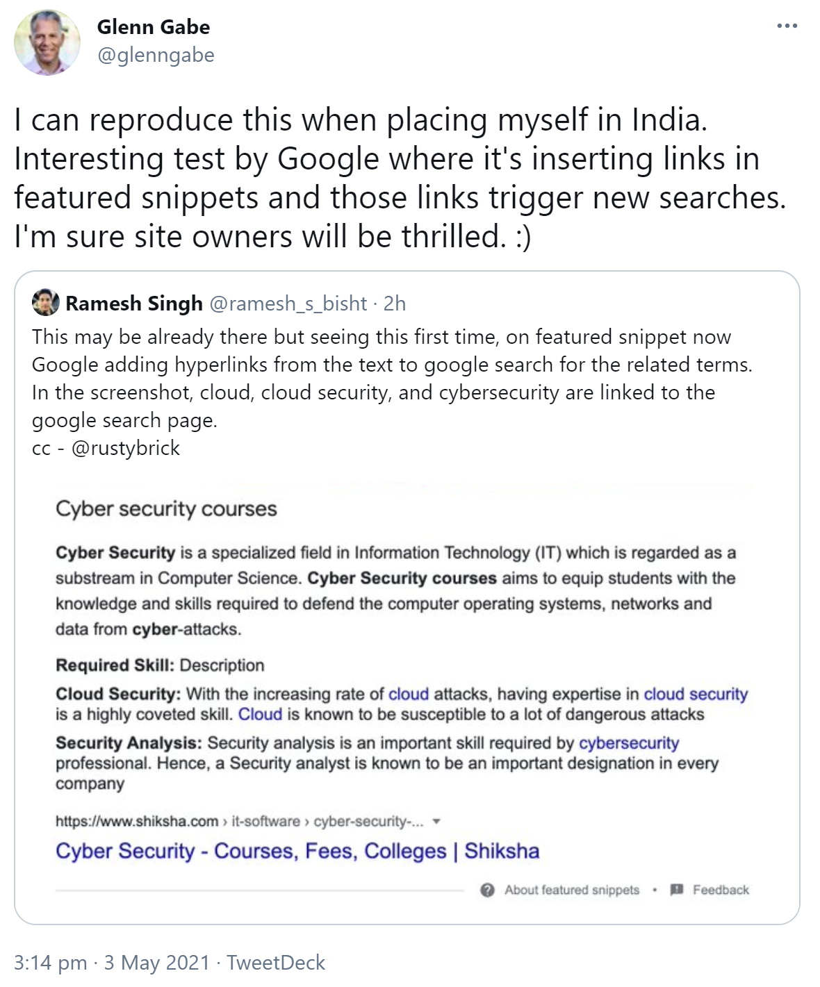 Google fügt Links auf andere Suchergebnisseiten in Featured Snippets ein